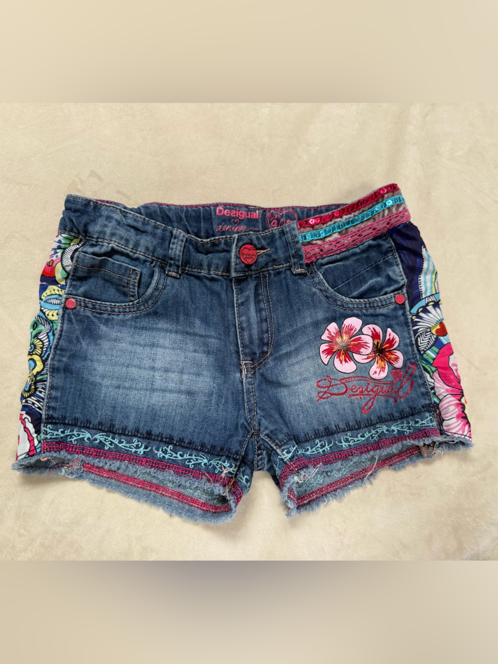 Girls Desigual denim shorts with Hawaiian print sequins floral size 10